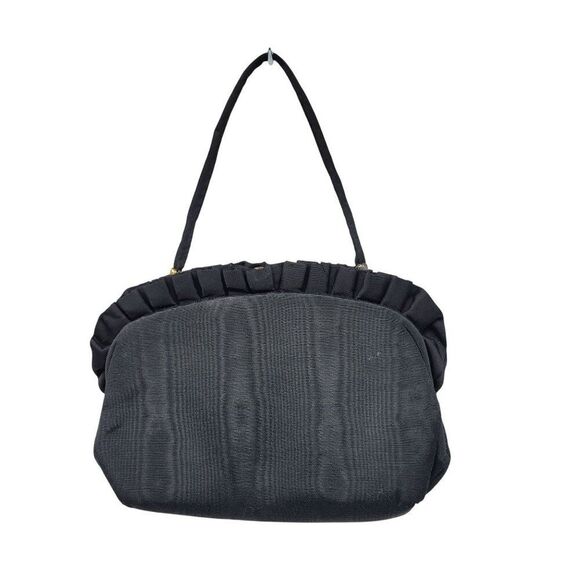 Vtg Black Ruffle Grained Satin Formal Evening Convertible Clutch Purse Handle - Picture 1 of 14